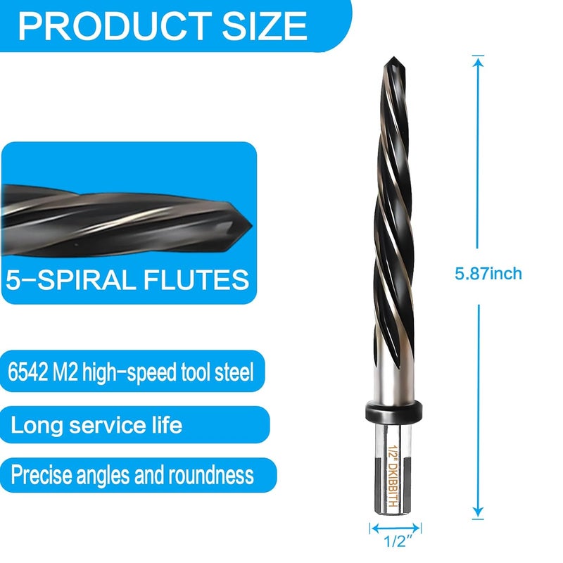 DKIBBITH 1/2” Bridge Construction Reamer Drill Bit, M2 HSS Taper Chucking Reamer for Steel Alloy Metal Wood Plastic, 1/2" Non-Slip Shank, 5-Spiral Flutes Car Reamer, to Align or Enlarge Holes, 12mm - Image 2